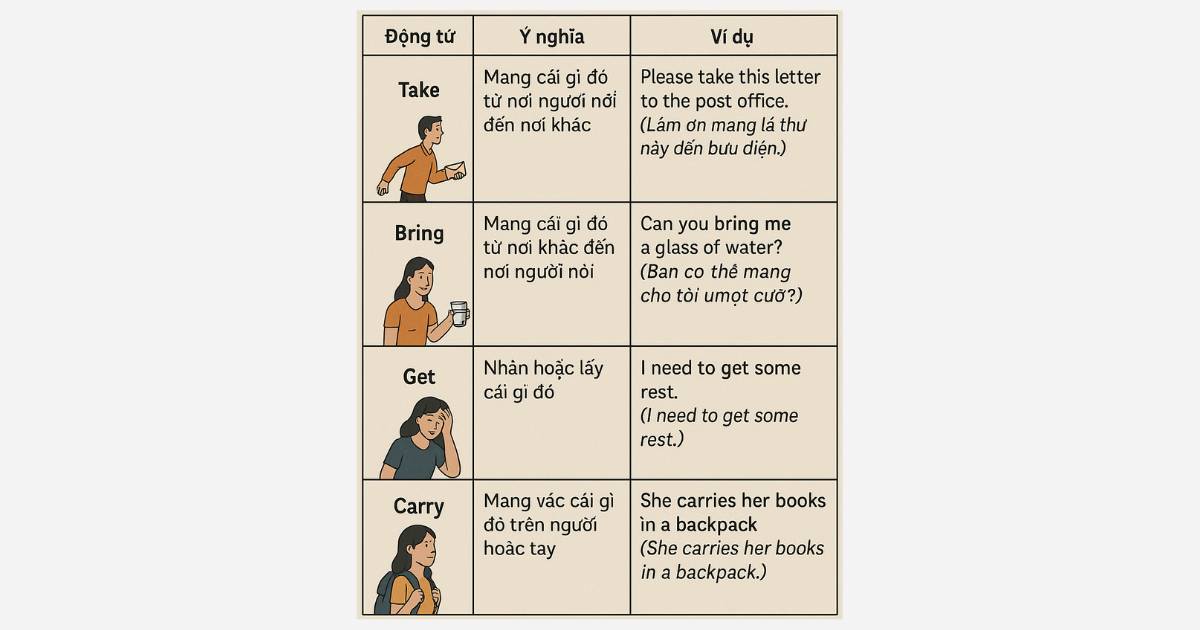 Phân biệt “Take” với “Bring”, “Get” và “Carry”