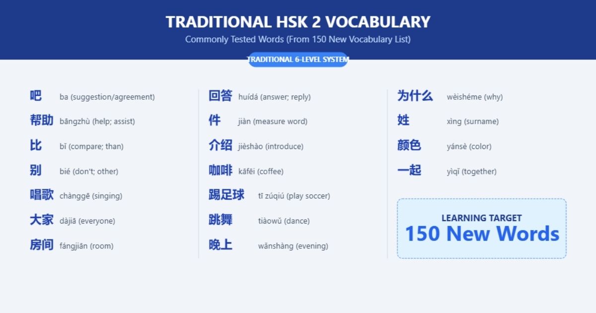 HSK 2 vocabulary according to the traditional 6-level HSK system