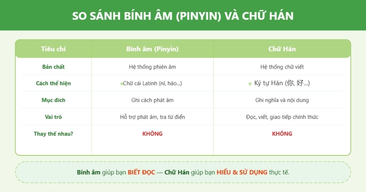 So sánh Bính âm và chữ Hán