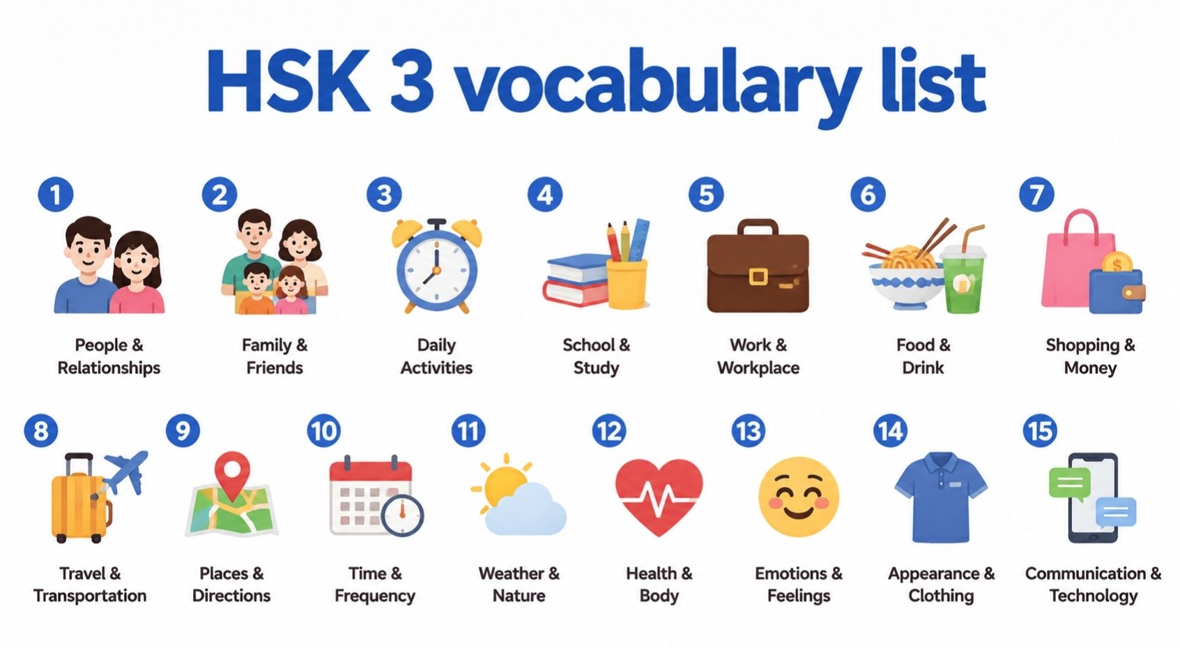 HSK 3 vocabulary list organized into 15 practical topics